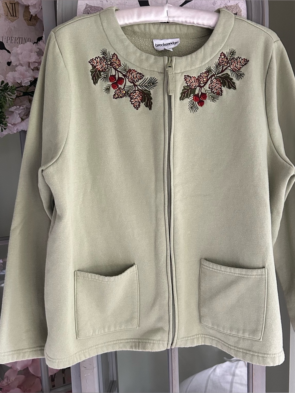 Vtg Breckenridge Embroidered Fleece Zip Sweatshirt Jacket XL Sage Green Pinecone